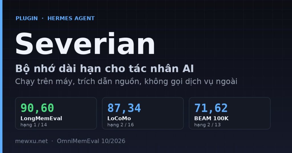 Severian: plugin giúp Hermes nhớ bạn giữa các phiên chat 1 Ảnh bìa: Severian - bộ nhớ dài hạn cho Hermes, LongMemEval 90,60 hạng 1